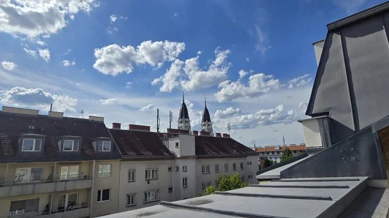 Panoramablick über die Dächer der Stadt mit historischer Architektur und weitem Himmel.