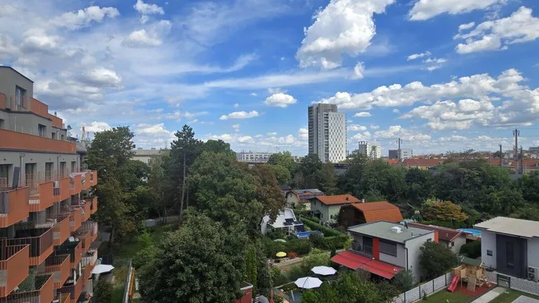Weitläufiger Blick über die Wohngegend mit viel Grün und städtischer Skyline im Hintergrund.