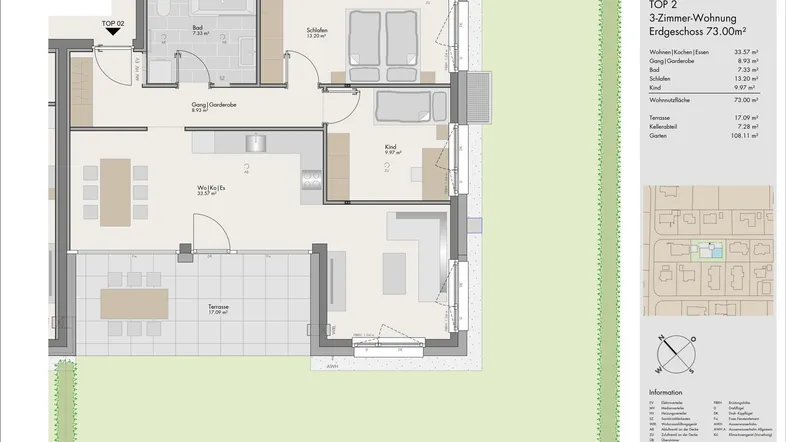 Grundriss einer 3-Zimmer-Erdgeschosswohnung mit offenem Wohnbereich, Bad, Terrasse und Garten.