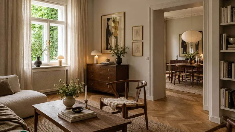 Helles Wohnzimmer mit Fischgrätparkett, hohen Decken und Blick ins Grüne, offen zum Essbereich.