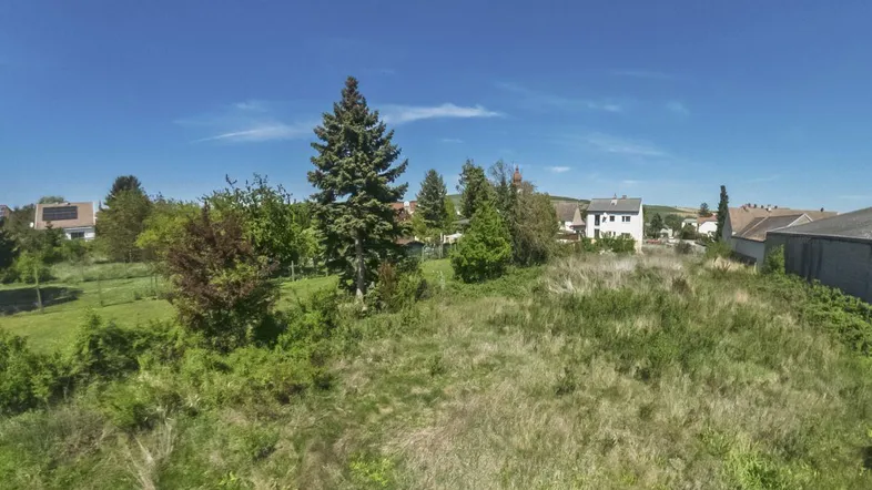 Unbebautes Grundstück mit grüner Umgebung und Häusern im Hintergrund unter blauem Himmel.