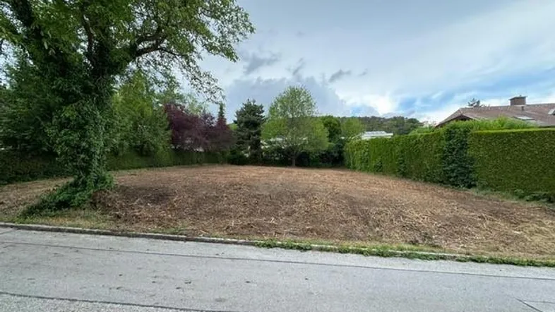 Freies Baugrundstück in grüner Umgebung, umgeben von Bäumen und Hecken, bereit für Neubau.