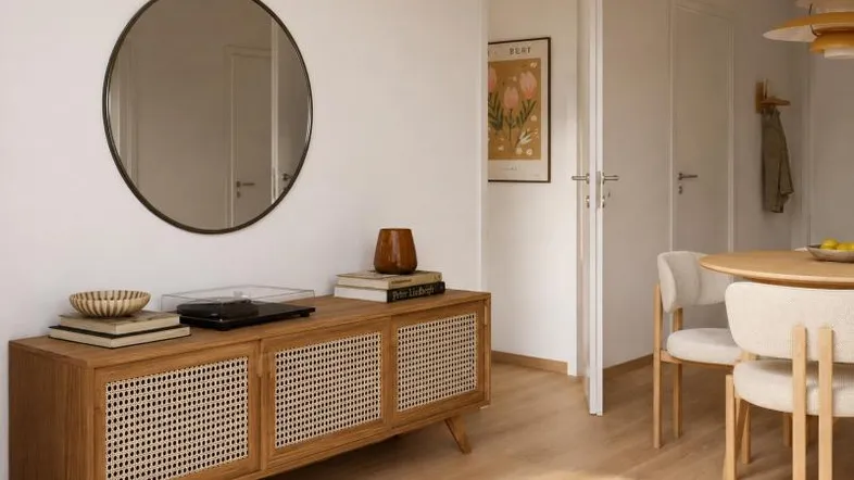 Heller Wohn- und Essbereich mit modernem Holz-Sideboard, rundem Spiegel und hellem Parkettboden.