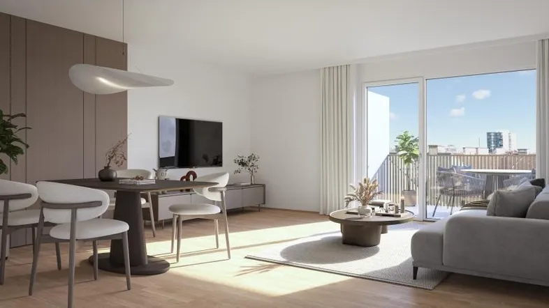 Heller Wohn- und Essbereich mit Holzboden, modernen Möbeln und Zugang zu einer sonnigen Terrasse mit Stadtblick.