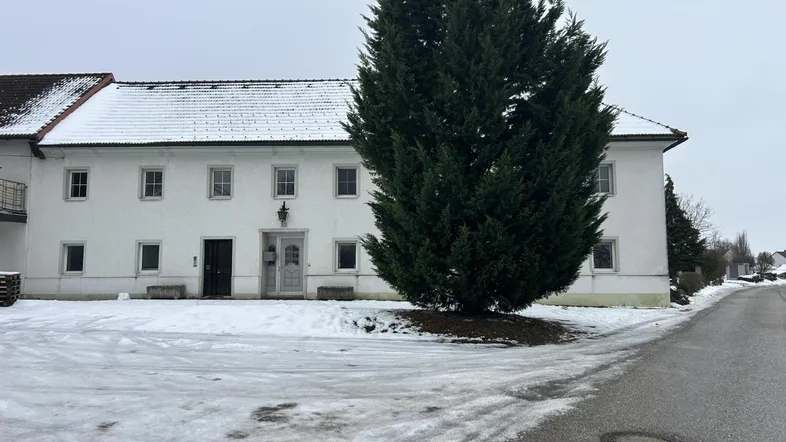 Weißes Gebäude mit schneebedecktem Dach und großem Nadelbaum im Vordergrund an einem Wintertag.