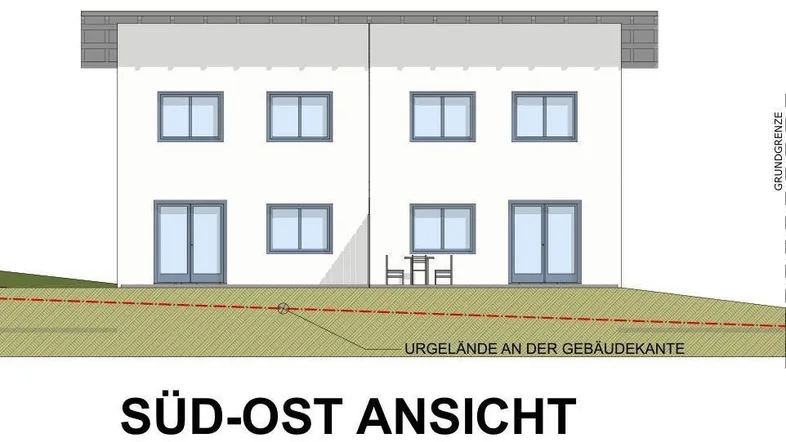 Architektonische Süd-Ost Ansicht des Gebäudes mit Fenstern und Türen.