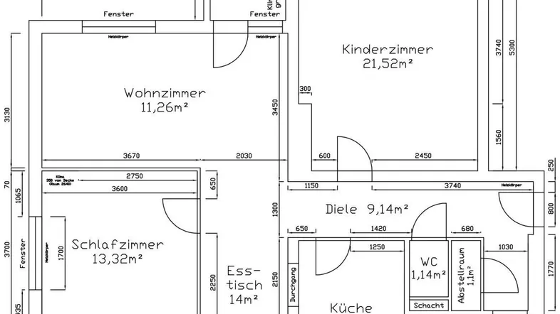 Detaillierter Grundriss einer Wohnung mit Wohnzimmer, Schlafzimmer, Kinderzimmer, Küche und Bad.