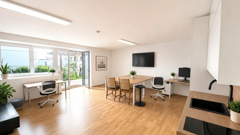 Heller, offener Büroraum mit integrierter Küchenzeile, großen Fenstern und Zugang zur Terrasse.