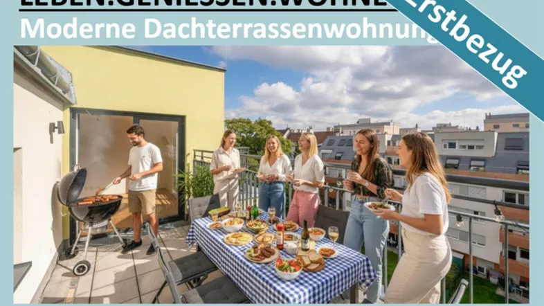 Moderne Dachterrasse mit Grillbereich und Esstisch, ideal für gesellige Abende und Stadtblick.