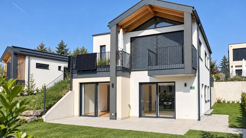 Modernes Einfamilienhaus mit weißer Fassade, großem Garten und sonniger Terrasse.