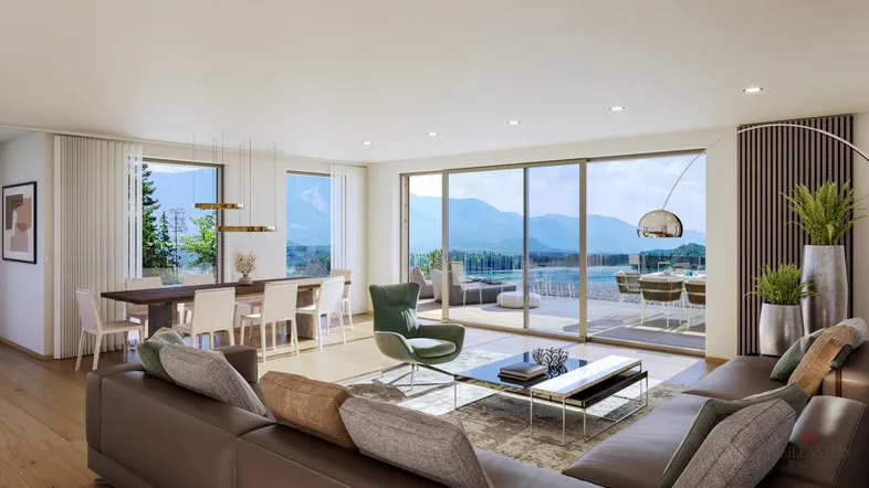 Modernes Wohn-Esszimmer mit Seeblick, großen Glasfronten und Zugang zur Terrasse.