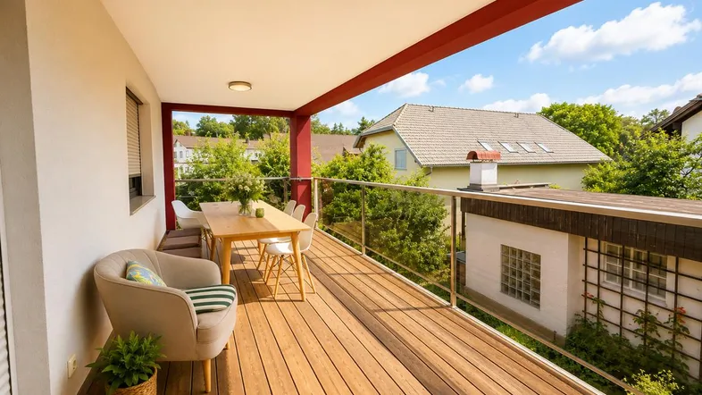 Geräumiger Balkon mit Holzboden, Sitzgelegenheiten und Blick ins Grüne, ideal zum Entspannen.