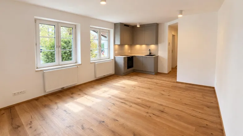 Heller offener Wohnbereich mit integrierter Küchenzeile und Holzboden, ideal für modernes Wohnen.