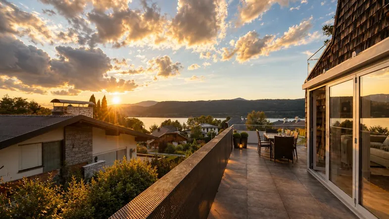 Geräumige Terrasse mit Essbereich und atemberaubendem Blick auf den See und die umliegende Landschaft bei Sonnenuntergang.