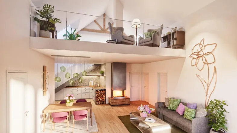 Helles, offenes Wohn-Esszimmer mit Kamin, Galerie und modernen Möbeln in einem Maisonette-Stil.