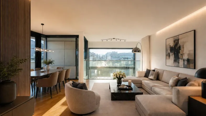 Modernes, offenes Wohn-Esszimmer mit Holzboden, großen Fenstern und Stadtblick bei Sonnenuntergang.