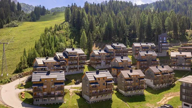 Eine Gruppe von Chalets in einer alpinen Landschaft mit grünen Hängen und bewaldeten Bergen.