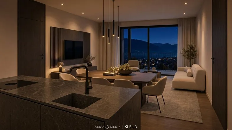 Moderner offener Wohn- und Essbereich mit integrierter Küche und atemberaubendem Blick auf Stadt und See bei Nacht.