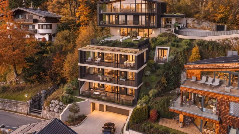Moderne Architektur mit gestaffelten Terrassen und großen Glasfronten in herbstlicher Berglandschaft.