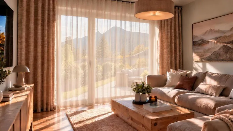 Helles Wohnzimmer mit gemütlichem Sofa, Holztisch und weitem Blick auf die herbstliche Berglandschaft.
