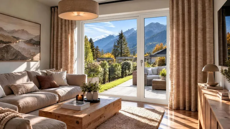 Helles Wohnzimmer mit gemütlichem Sofa, Holztisch und Zugang zur Terrasse mit Bergblick.