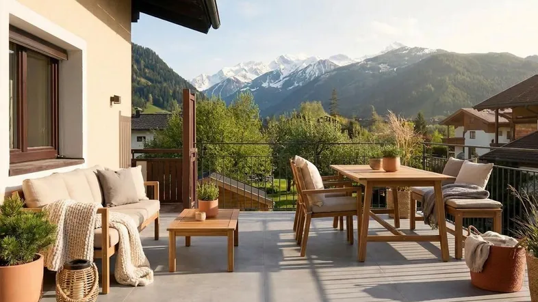 Große möblierte Terrasse mit Bergblick, ideal für Entspannung im Freien und gesellige Stunden.