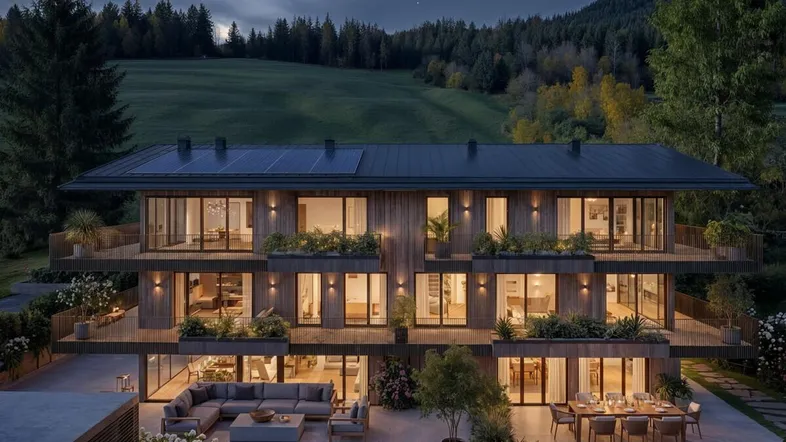 Moderne Wohnanlage bei Nacht mit beleuchteten Innenräumen und großzügigen Terrassenbereichen.