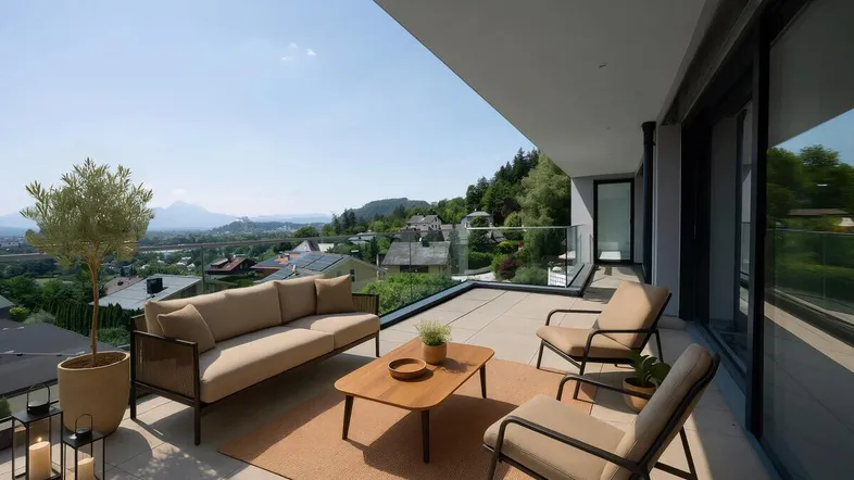 Geräumige Terrasse mit modernen Outdoor-Möbeln und weitem Blick über die Stadt und Berge.