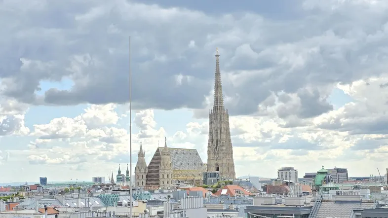 Panoramablick über die Dächer Wiens mit dem Stephansdom unter bewölktem Himmel.