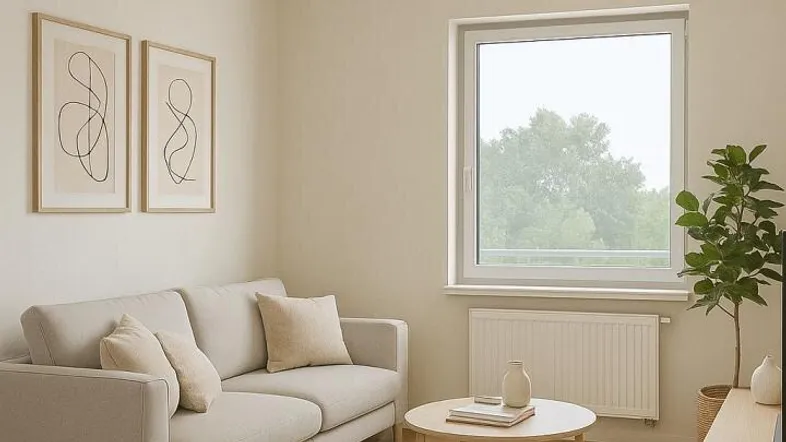 Helles Wohnzimmer mit beigem Sofa, Holzboden und Blick ins Grüne durch das Fenster.