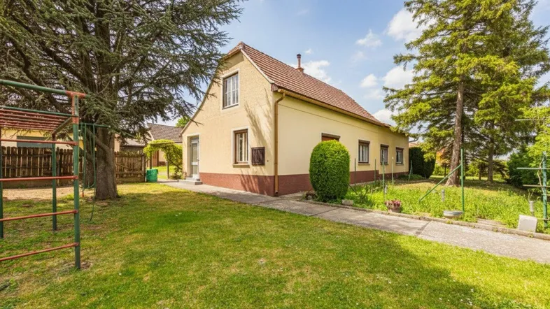 Einfamilienhaus mit großem Garten, altem Baumbestand und Spielgeräten im Freien.