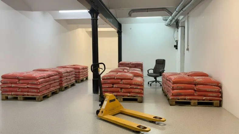 Großer, offener Lagerraum mit Betonboden, sichtbaren Trägern und Rohren, gefüllt mit gestapelten Säcken und einem Hubwagen.