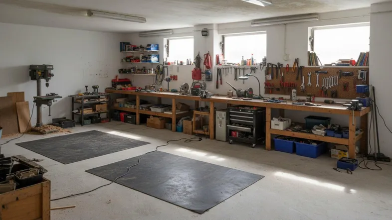 Geräumiger Hobbyraum mit umfangreicher Werkstattausrüstung, Werkbänken und viel Tageslicht durch die Fenster.