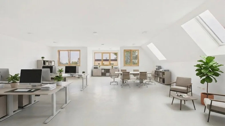 Geräumiges und helles Büro im Dachgeschoss mit modernen Möbeln und großen Fenstern.