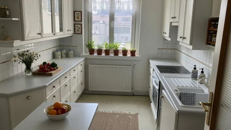 Helle Küche mit weißen Einbauschränken, Fenster und Blick nach draußen, ausgestattet mit einem Backofen und Spüle.