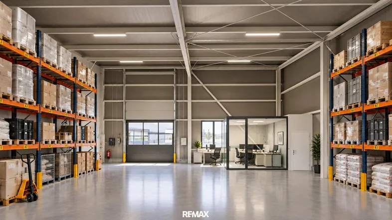 Geräumige Lagerhalle mit hohen Decken, Regalsystemen und integriertem Glasbüro.