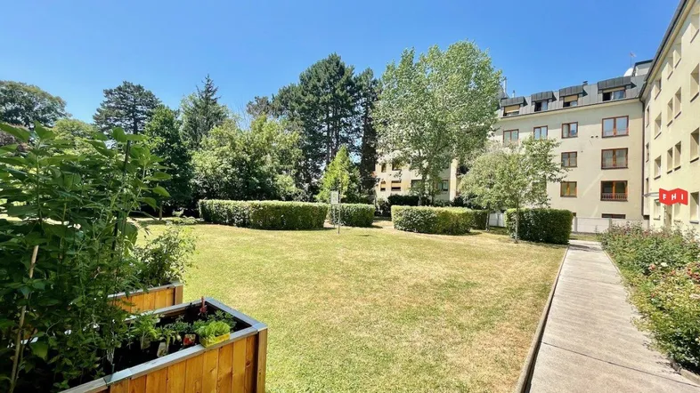 Gepflegter Gemeinschaftsgarten mit Rasenflächen und Hecken, umgeben von Wohngebäuden unter blauem Himmel.