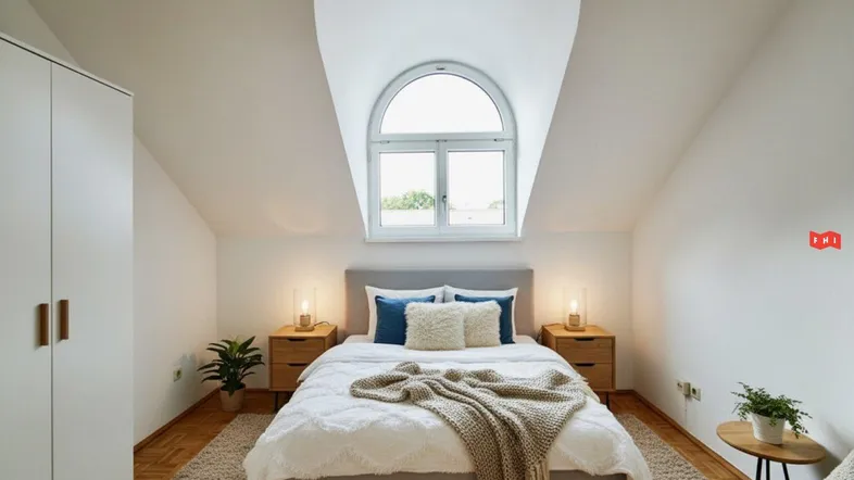 Helles Schlafzimmer im Dachgeschoss mit gemütlichem Bett, Holzboden und einem großen Rundbogenfenster.