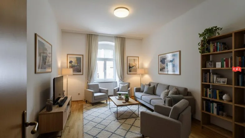 Helles Wohnzimmer mit Parkettboden, bequemen Sofas und einem Bücherregal, das viel Stauraum bietet.