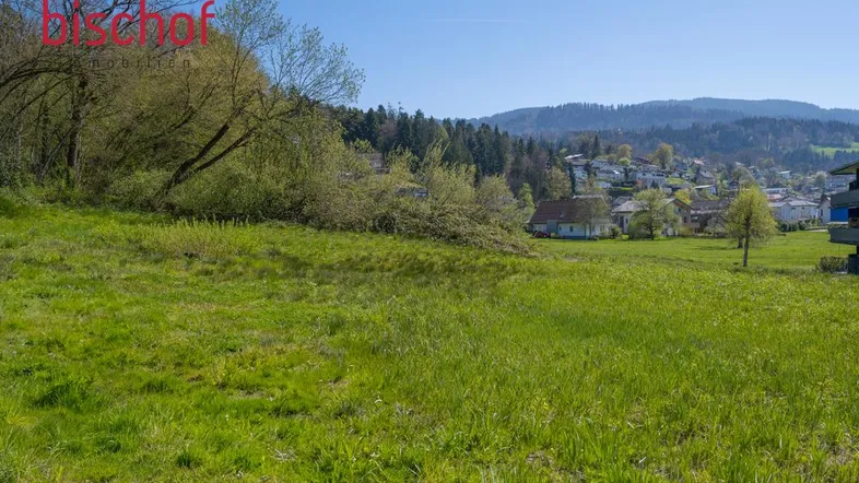 Weitläufige grüne Wiese mit Blick auf die umliegende Landschaft und Häuser in der Ferne.