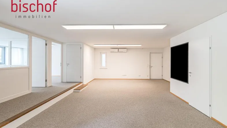 Geräumiger Büroraum mit Teppichboden, Klimaanlage und erhöhter Fläche, ideal für flexible Arbeitsbereiche.