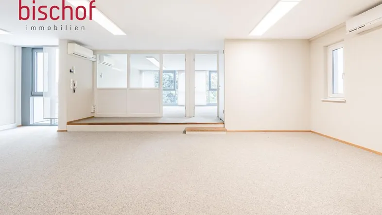 Geräumiger, heller Büroraum mit Teppichboden, Klimaanlage und Blick auf den Außenbereich.