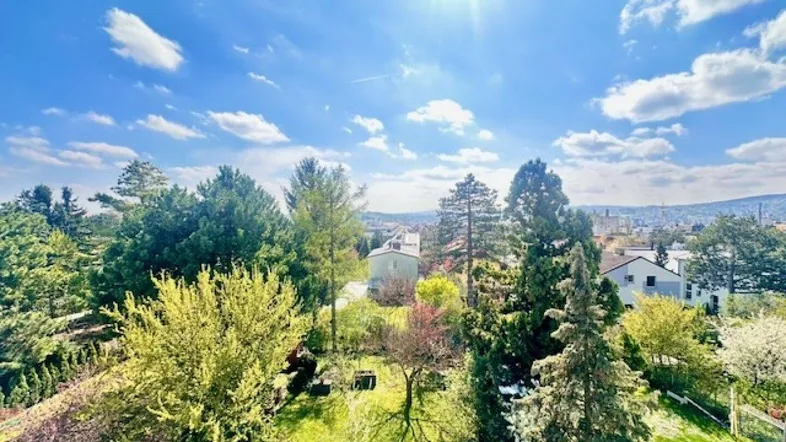 Sonnige Gartenanlage mit üppigem Grün und weitem Blick über die Stadt.