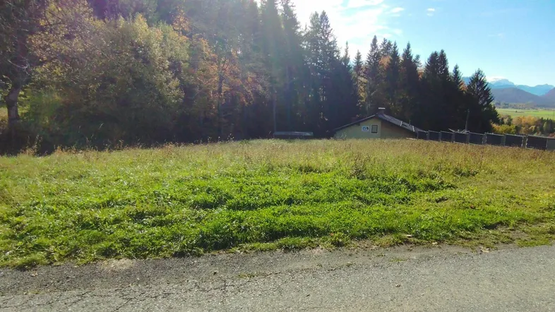 Grünes Grundstück am Waldrand mit Blick auf die Berge und ein angrenzendes Haus.