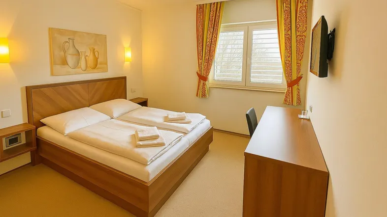 Helles Schlafzimmer mit Doppelbett, Nachttischen und einem Schreibtisch am Fenster.