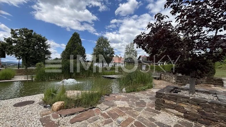 Gepflegter Gartenbereich mit dekorativem Teich, Steinpfad und üppiger Bepflanzung unter blauem Himmel.