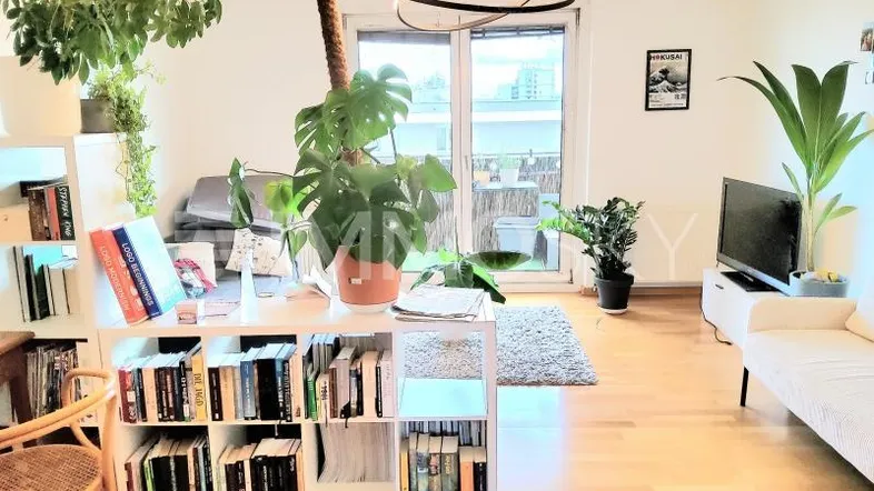 Helles Wohnzimmer mit Holzfußboden, Bücherregal und Zugang zu einem Balkon, dekoriert mit vielen Pflanzen.