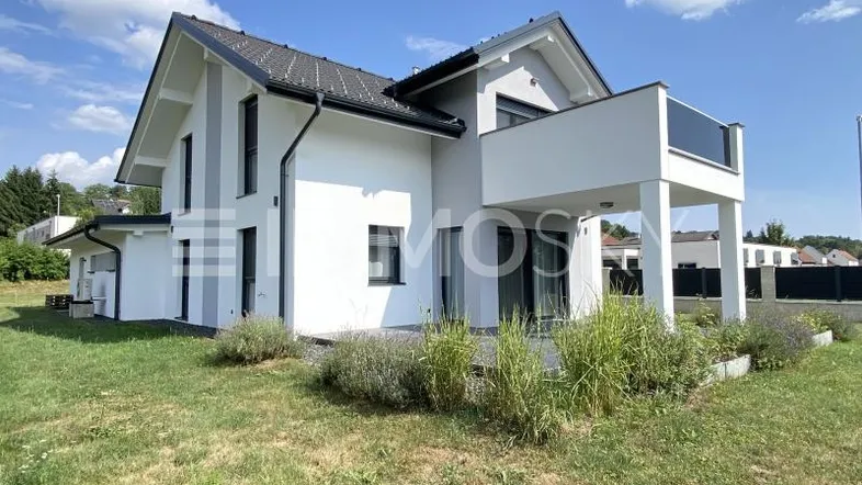 Modernes Einfamilienhaus mit weißer Fassade, dunklem Dach und kleinem Gartenbereich.