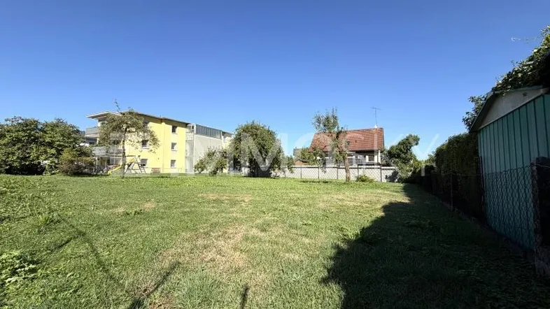 Weitläufige Grünfläche mit Rasen, Hecke und Gartenhaus unter blauem Himmel.