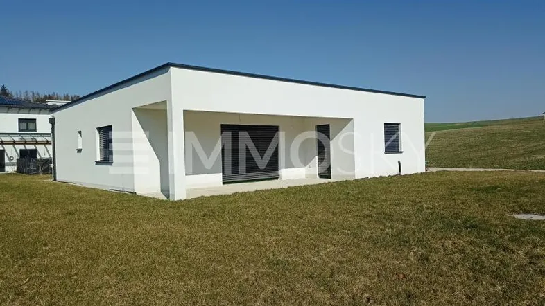 Modernes, weißes Einfamilienhaus mit Flachdach und großem Gartenbereich unter blauem Himmel.